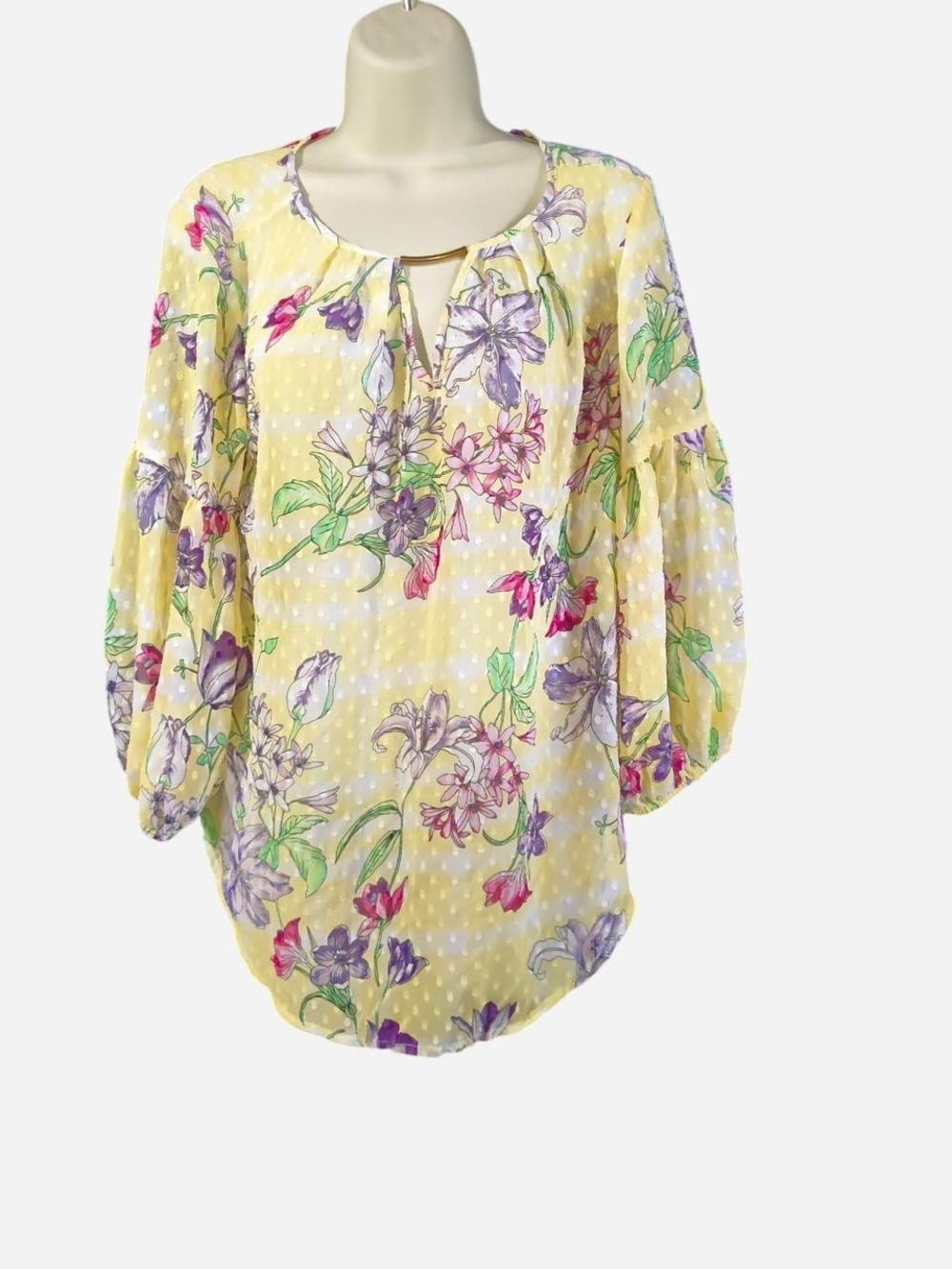 Liz Claiborne Yellow Floral Tie-Front Peasant Blouse with Purple & Pink Flowers